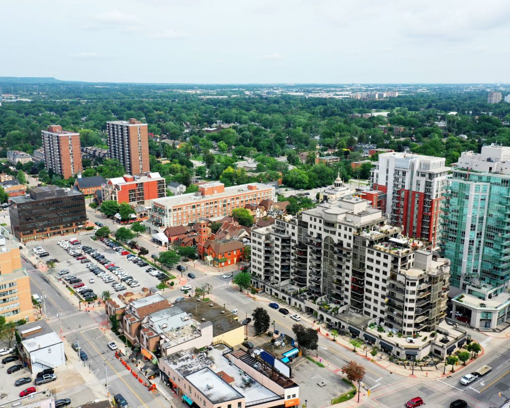 Aerial view of Burlington, Ontario, showcasing the city's layout and scenic surroundings.