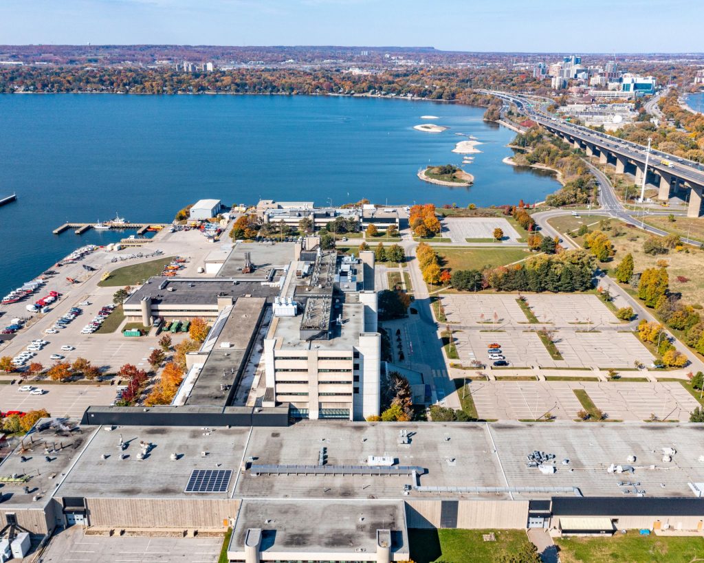 Aerial view of Burlington's waterfront, showcasing the scenic shoreline and surrounding area.