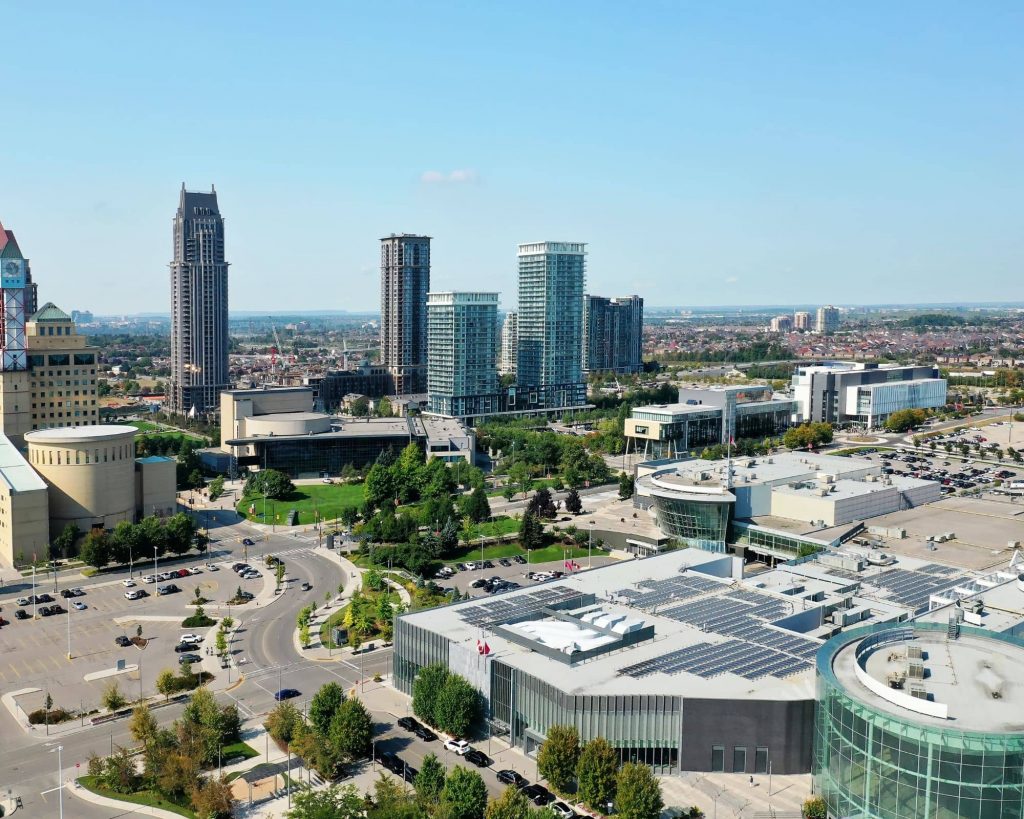 Aerial view of Square One Shopping Centre in Mississauga, showcasing the surrounding area.