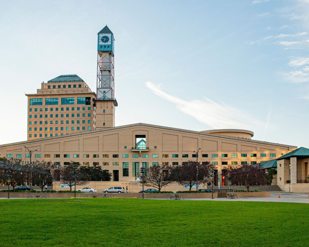 View of Mississauga City Hall with its distinctive architecture and iconic clock tower.